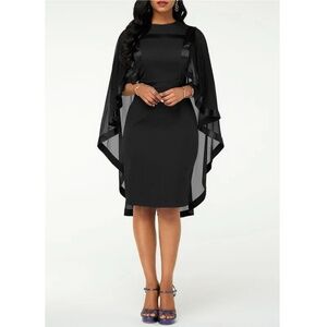 2/$40 Elegant Knee Length Midi Black Long Cape Sleeve Overlay Cocktail Dress